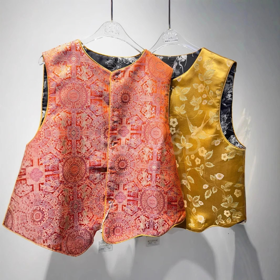 XH1A041-J1060新款新中式圆领马甲八达运织金老宋锦马甲