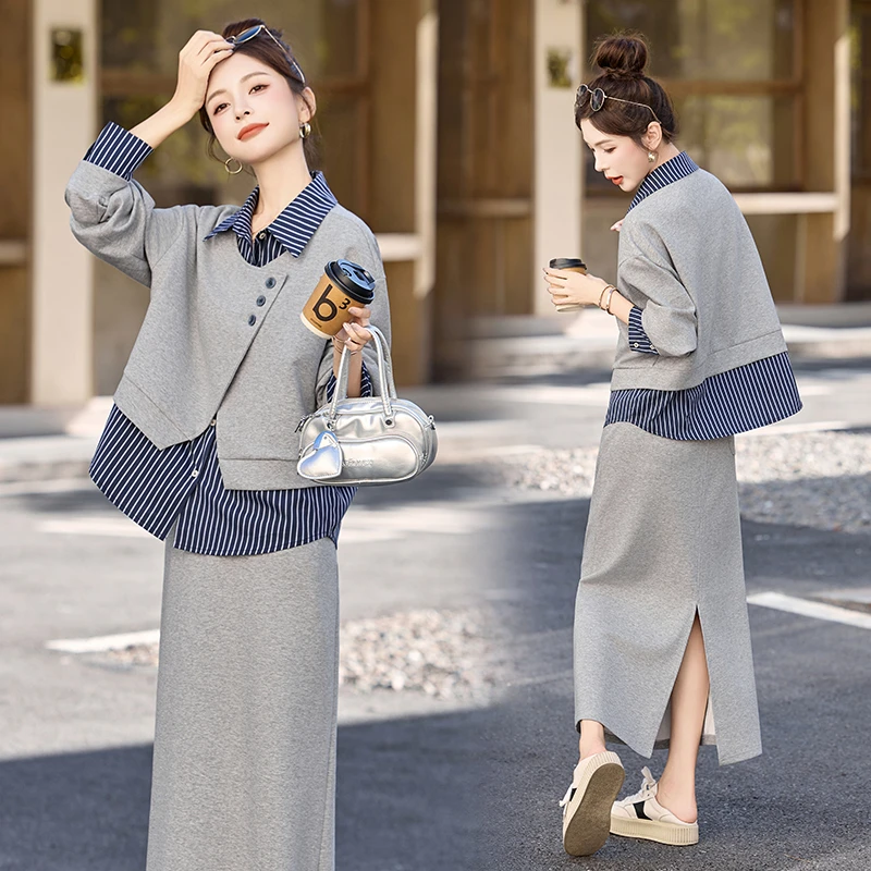 假两件条纹拼接卫衣套装裙女2025年秋季新款翻领衬衫半身裙两件套