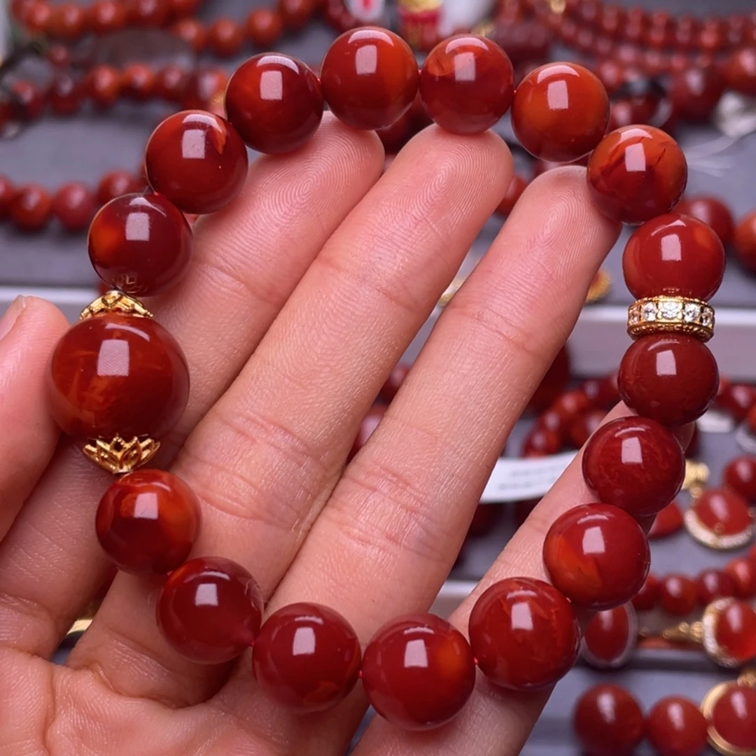 南红玛瑙未镶嵌其他天然原矿）收藏级11mm瓦西玫锦双色圆珠手串