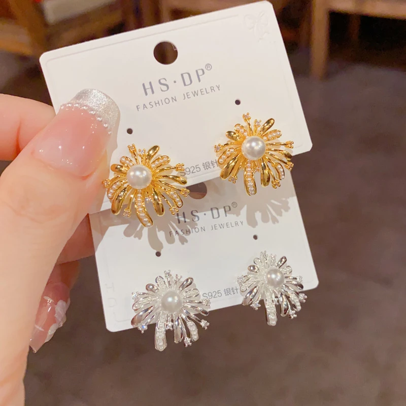 纯铜耳饰 法式轻奢复古时尚甜酷风金属珍珠烟花耳钉气质简约个性