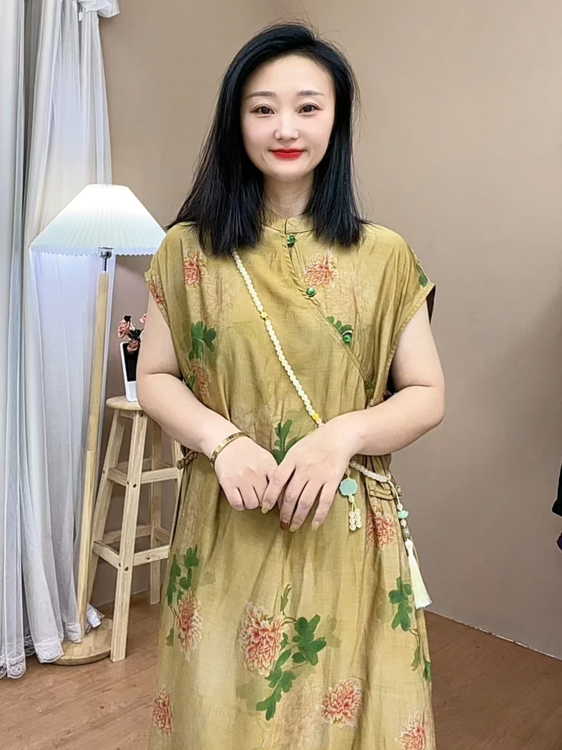 2025夏季新款印花下摆开叉带口袋盘扣收腰中式旗袍