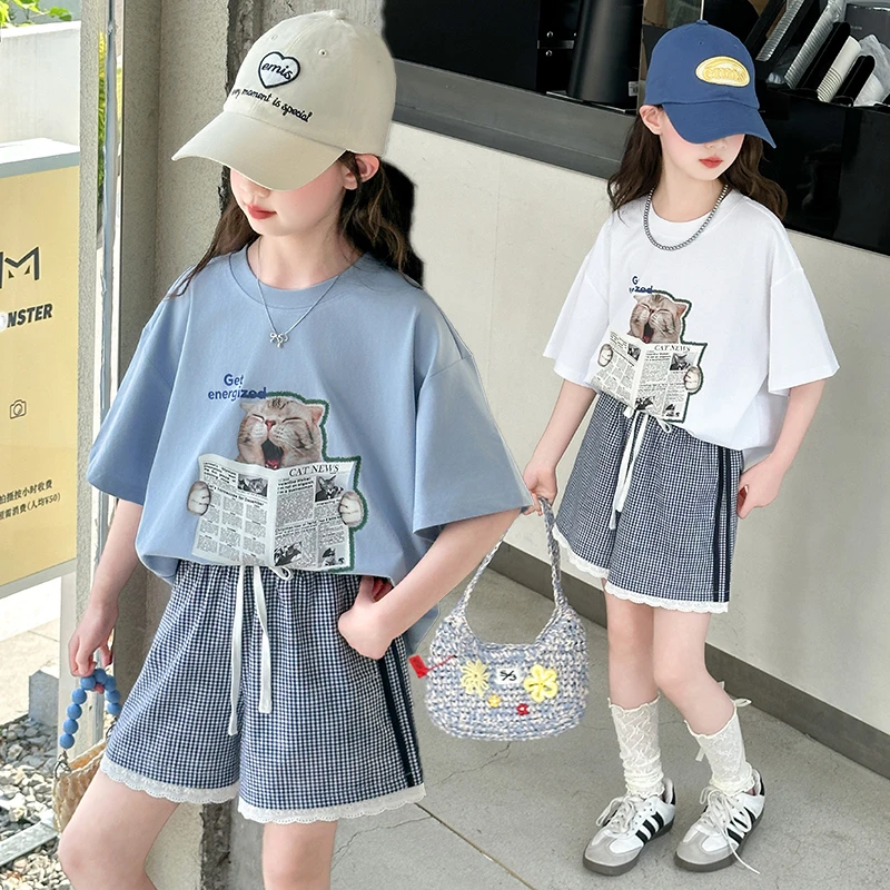 女童网红套装夏装2025新款超洋气短袖T恤女孩夏季格子短裤两件套