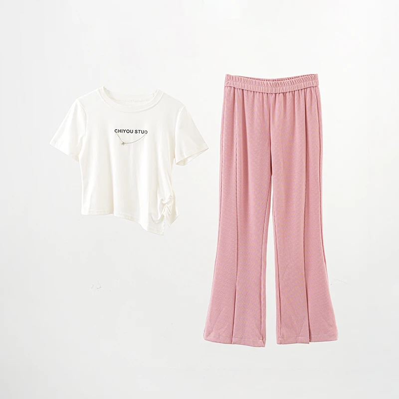2025新款显瘦套装夏季韩版圆领T恤高腰微喇休闲裤两件套22025E007