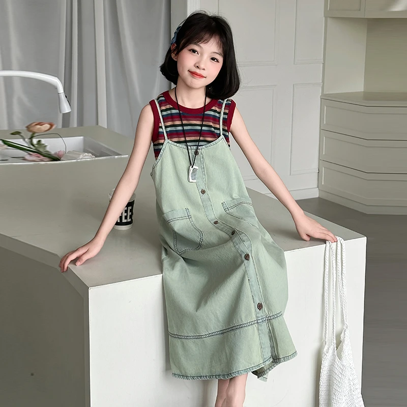 女童连衣裙套装夏季2025新款儿童洋气时髦牛仔吊带裙T恤两件套潮