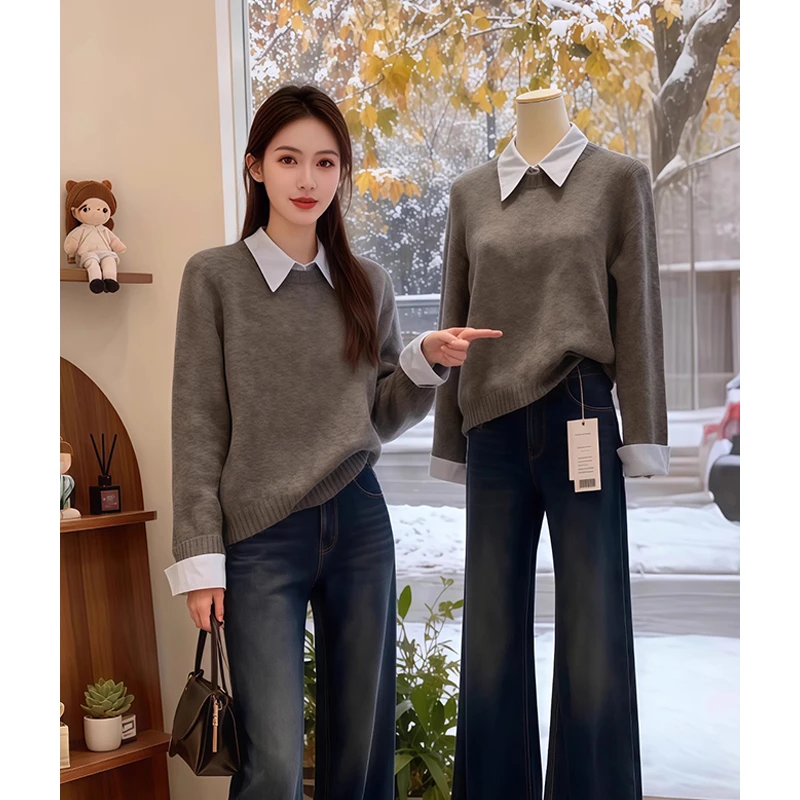 巨好看灰色假两件拼接翻领毛衣针织衫女秋冬季韩系宽松氛围感上衣