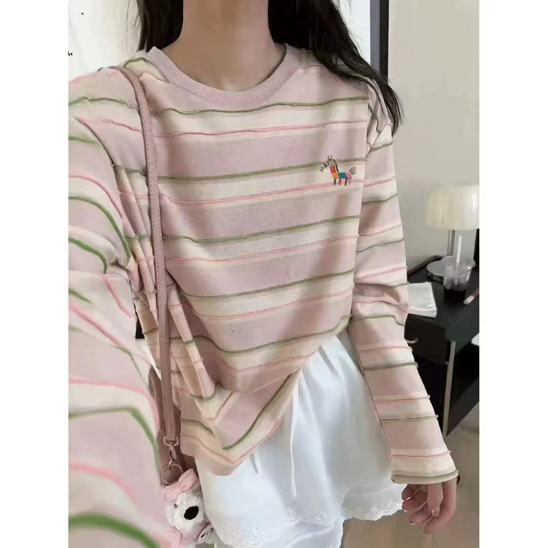 清仓长袖·外贸品质【彩虹马·刺绣】韩版设计感洋气女条纹宽松24223