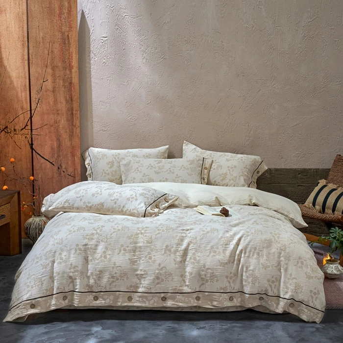 天彩家纺2025新款棉麻大提花双层纱系列四件套纽扣款880899