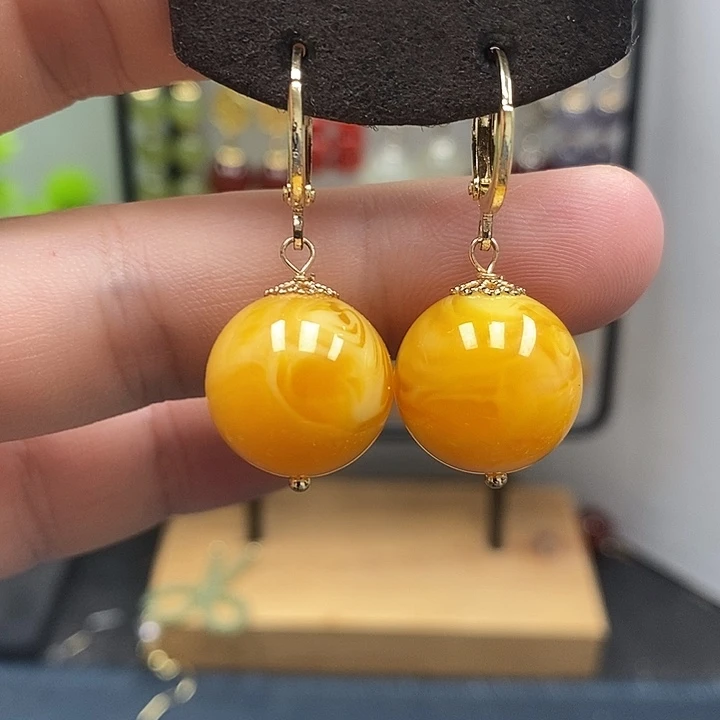 蜜蜡银S925镀金镶嵌耳饰尺寸16mm