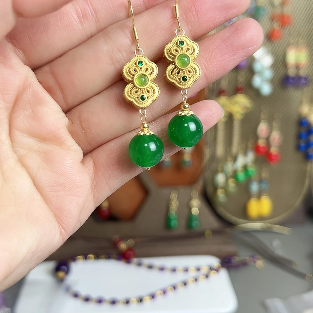 银S925镶嵌耳钉玛瑙/玉髓绿色