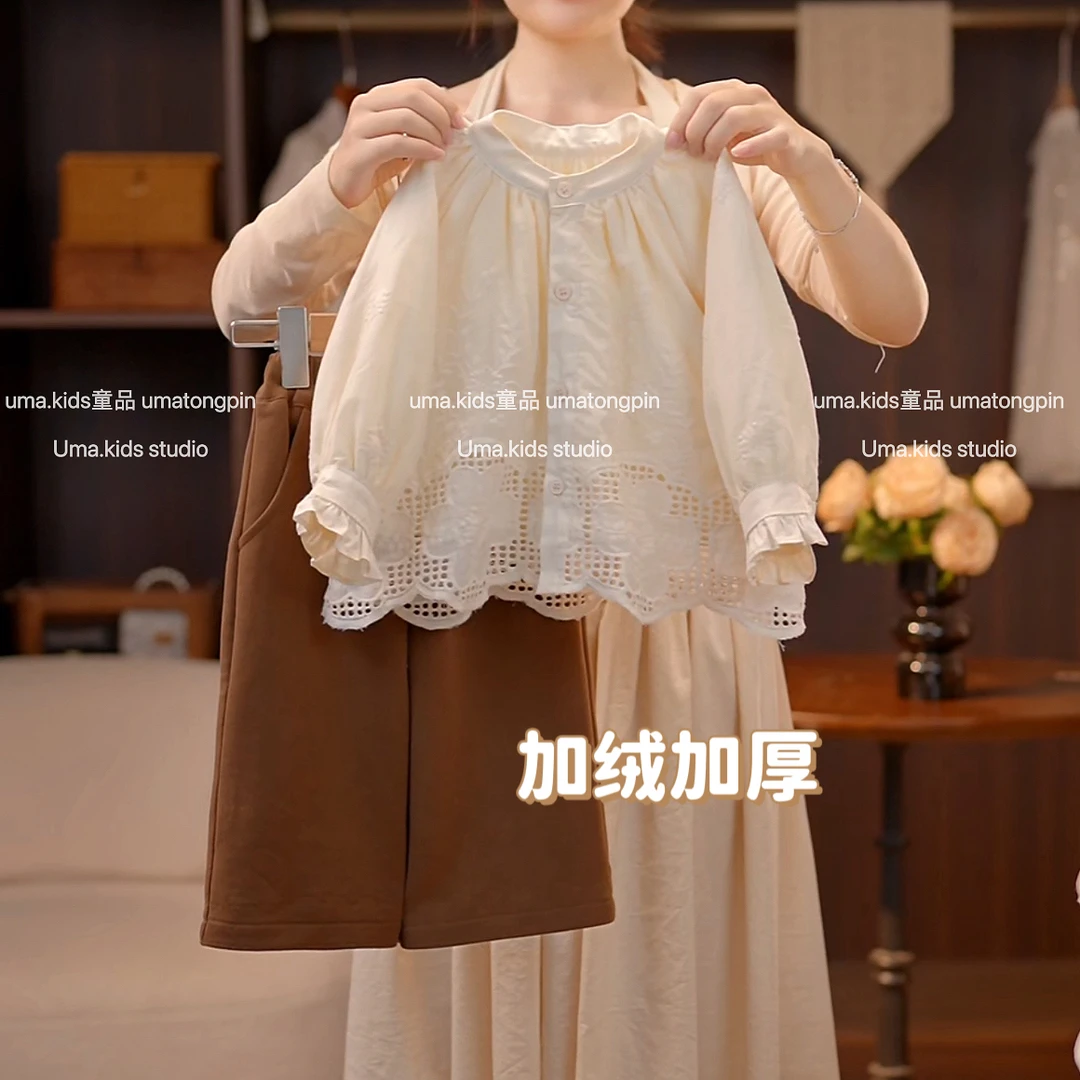 2025秋冬加绒款田园风女童森系厚款上衣+裤子套装
