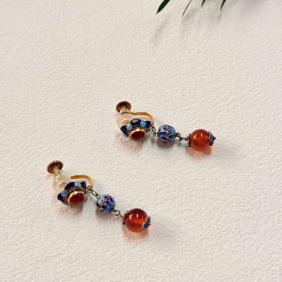 铜合金玻璃耳饰 【六六中古】孤品复古扫肩耳夹gm70