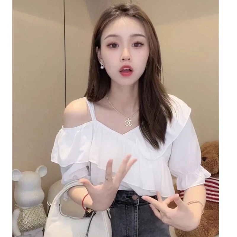 美式露肩荷叶边衬衫女2025夏季斜肩时尚不规则小众别致上衣2353