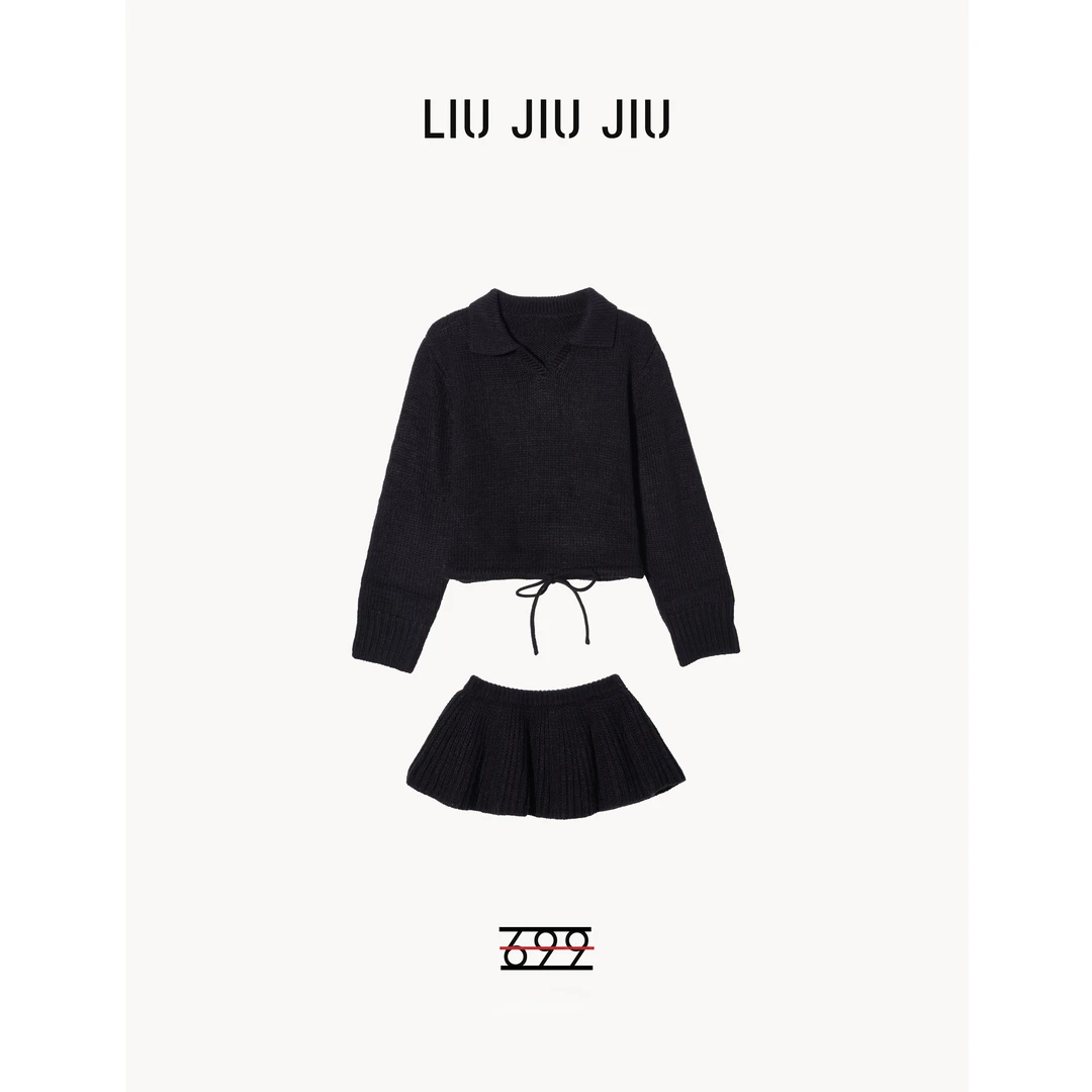 LIUJIUJIU韩系针织时尚黑色套装秋冬翻领针织长袖半裙套装TZ5121L