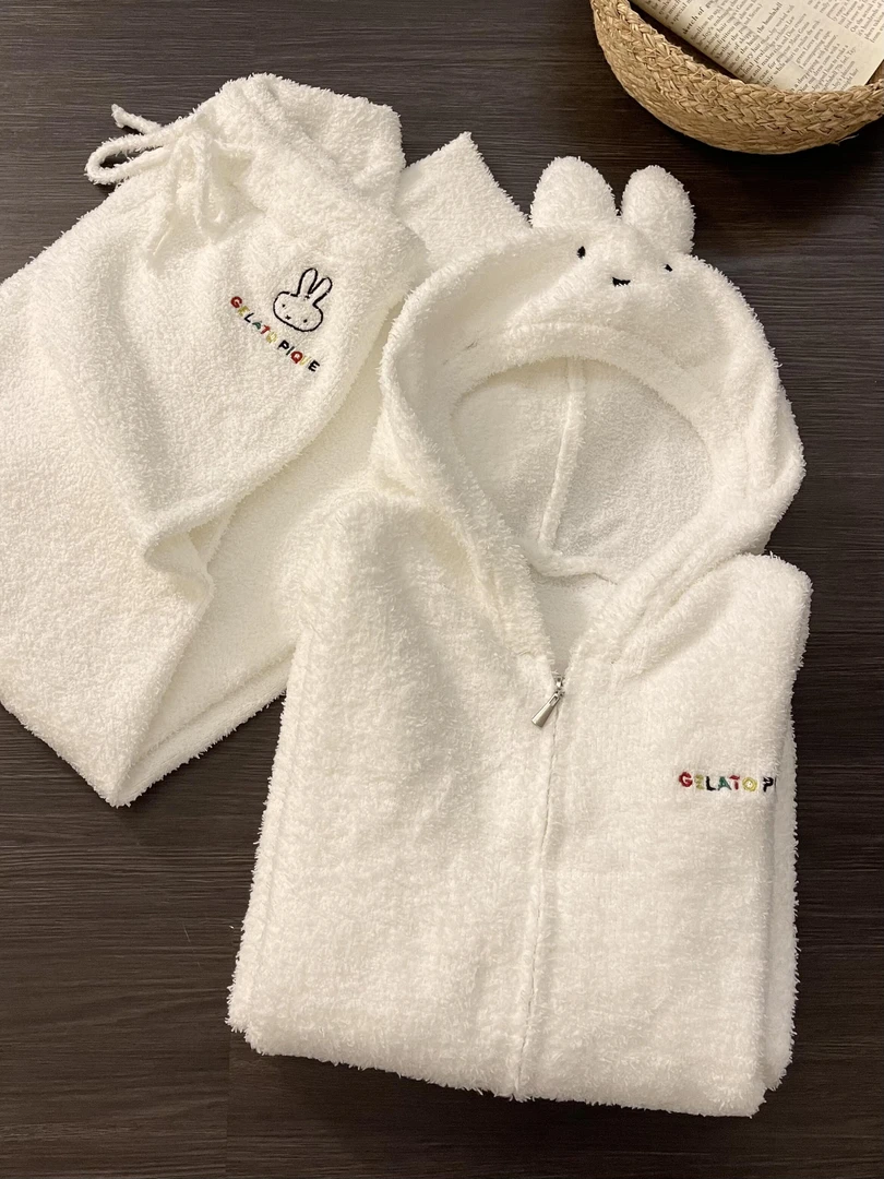 可爱兔子耳朵毛绒连帽外套半边绒睡衣套装女款秋冬新款针织家居服