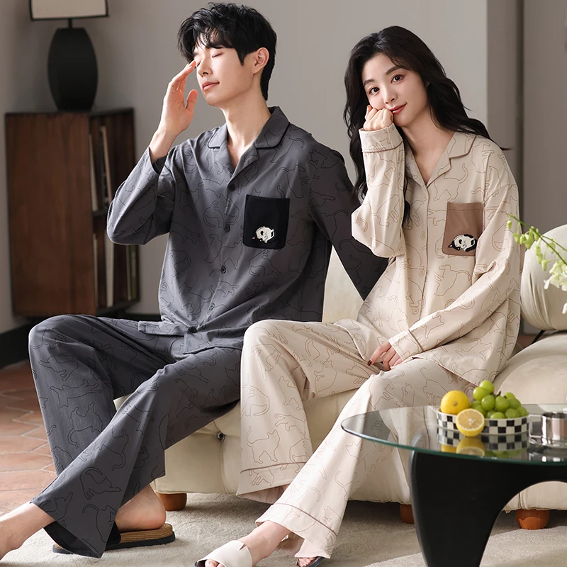2025年新款莉莉家情侣款猫咪乐园加厚纯棉翻领开衫长袖睡衣套装