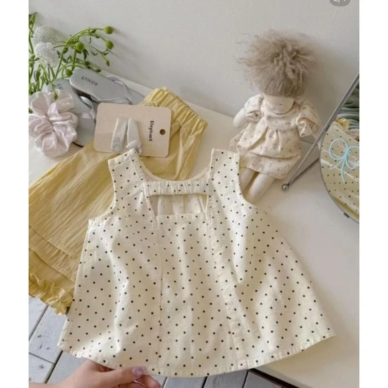 女童夏季波点背心上衣黄色花边休闲裤时髦洋气两件套时尚