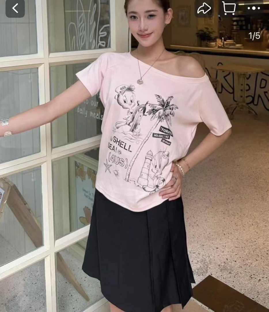 呆呆姐 4US美式复古海边椰树小鸟印花斜肩显瘦T！正品保证！！超耐看