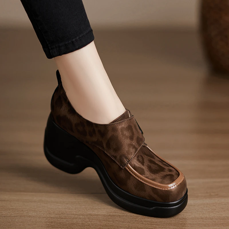 小个子增高7.5cm~新款单鞋豹纹乐福鞋松糕厚底魔术贴英伦风小皮鞋