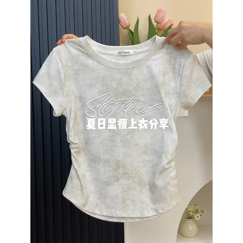 大码200斤美式复古chic扎染正肩圆领字母刺绣掐腰短袖t恤女上衣潮