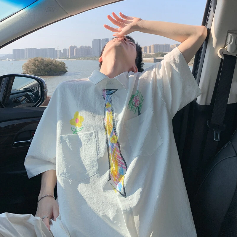 美式手绘涂鸦短袖衬衫男女夏季ins小众立体花朵少年感情侣T恤衬衣