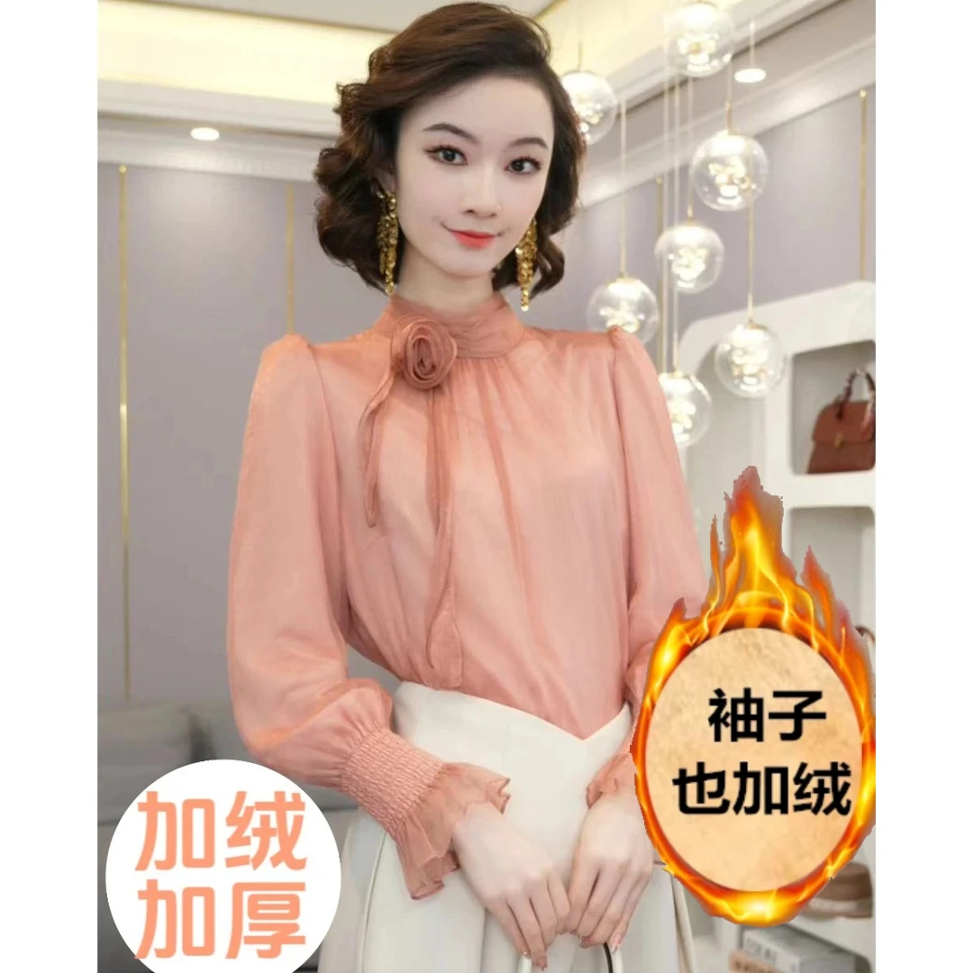 加绒加厚衬衫女2024秋冬季新款独特别致漂亮法式高端内搭长袖上衣