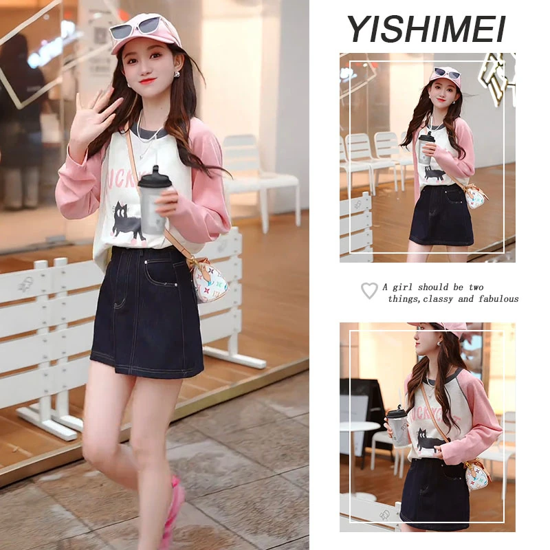 夏季时尚穿搭2025年新款韩系百搭设计感撞色长袖上衣短裙两件套装