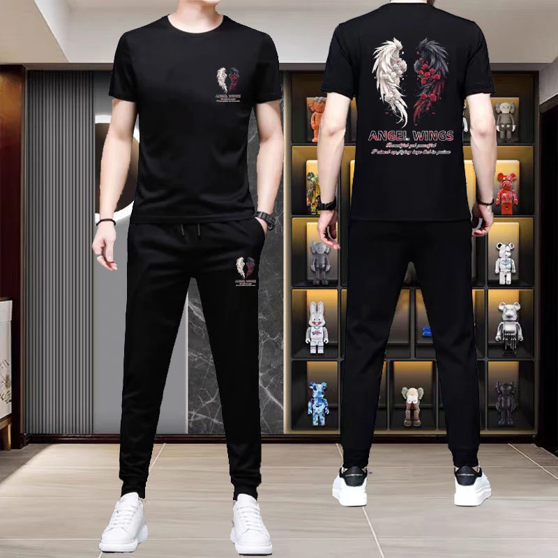 夏季新款莱卡棉男士短袖t恤套装休闲运动长裤短裤中青年两三件套