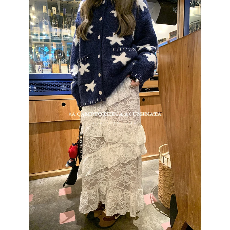 LUU桃喜儿/白色不规则蕾丝半身裙女秋冬设计感长裙重工直筒裙子