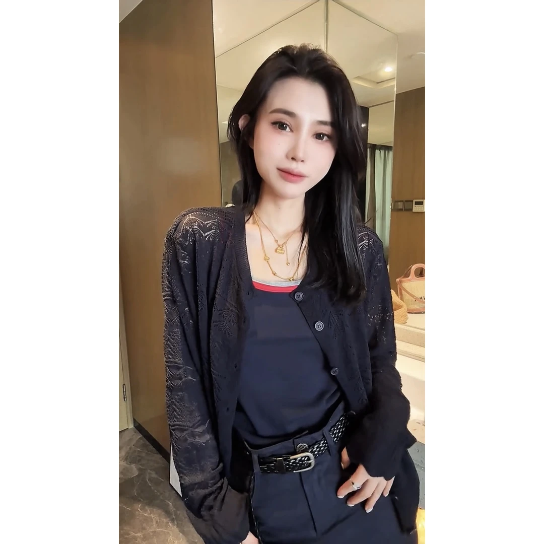 欧洲站2025夏季新款欧货女装圆领单排扣钩花镂空下摆波浪针织开衫