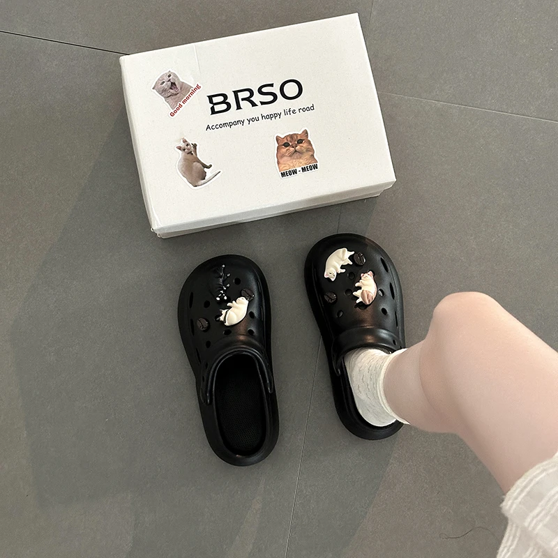 可爱卡通小猫洞洞鞋女2025年新款夏季外穿防滑沙滩休闲包头拖鞋潮