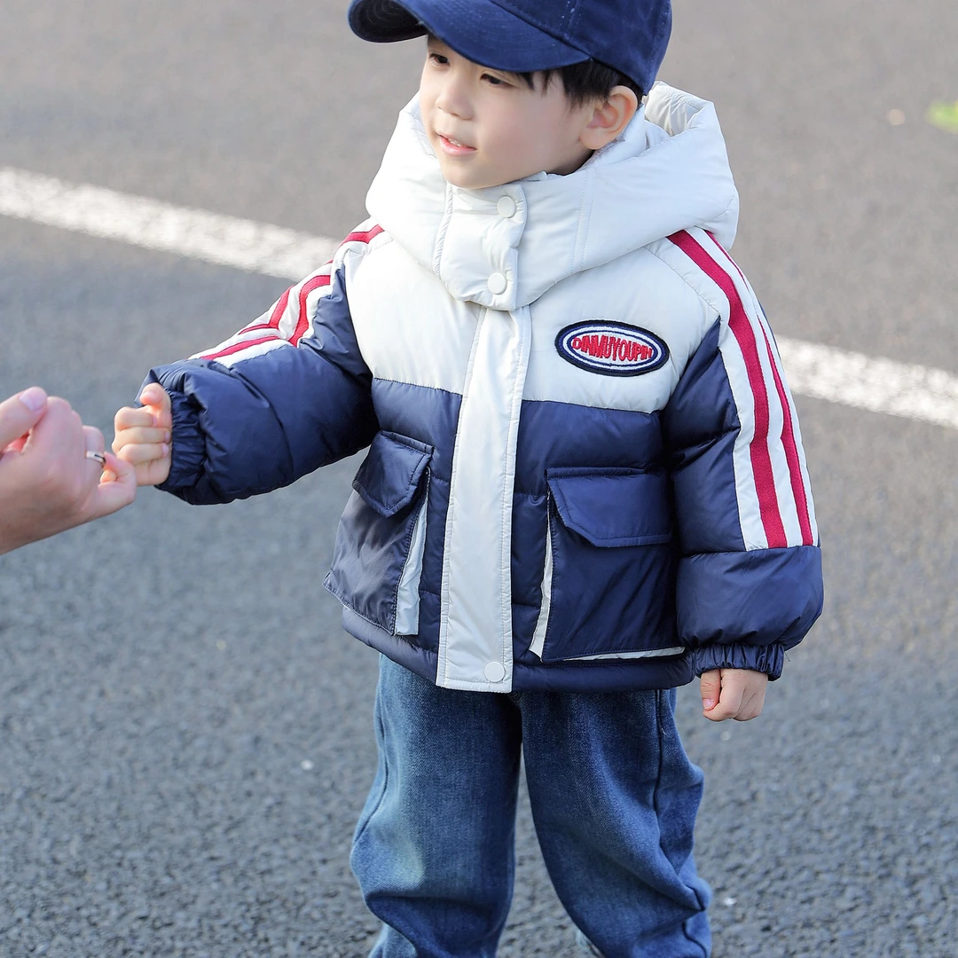 【町木优品】儿童冬季男童新品口袋贴标拼色百搭连帽羽绒服 WT368