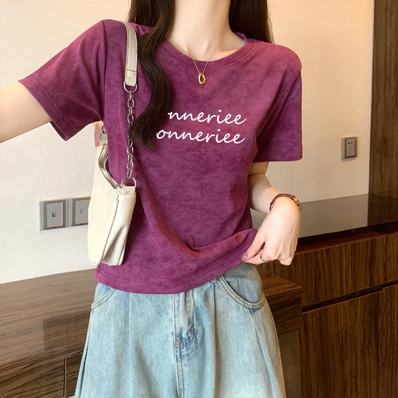 美式复古扎染甜辣短袖t恤女2025新款夏季宽松显瘦设计感正肩上衣