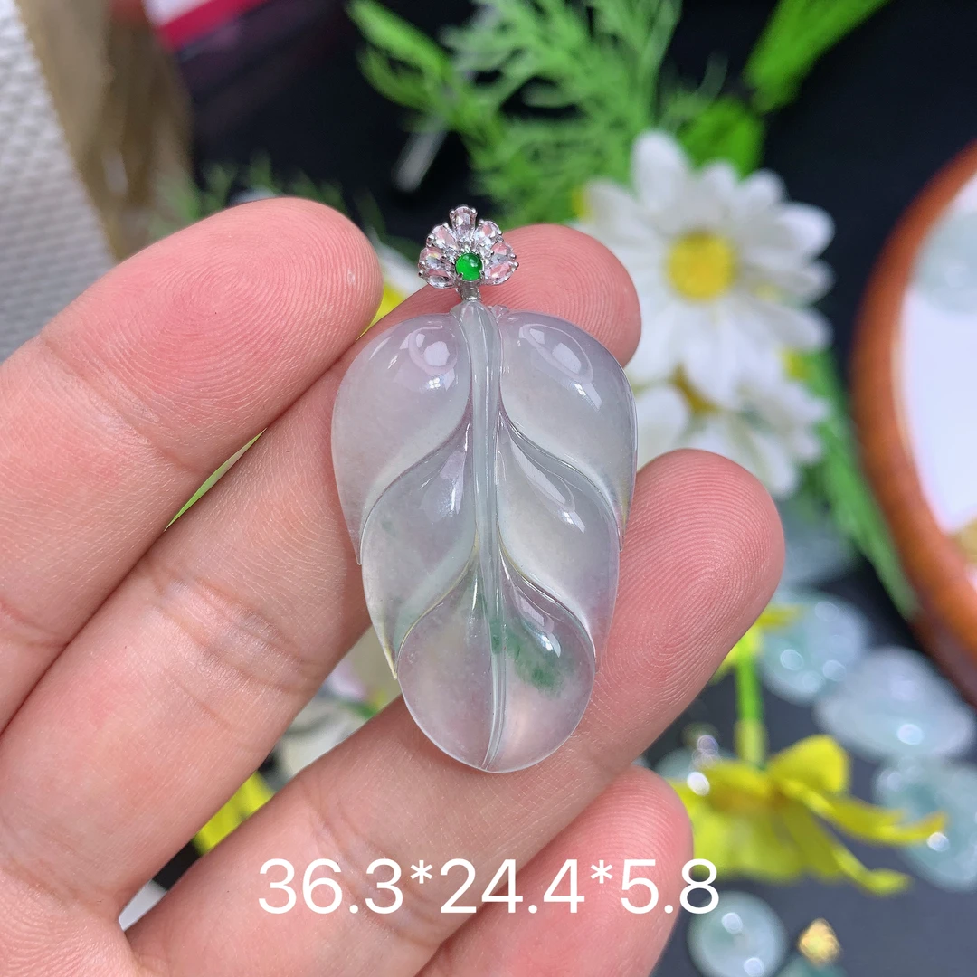 天然缅甸翡翠A货冰种飘花叶子快吊坠种老水足气质百搭精雕精美百