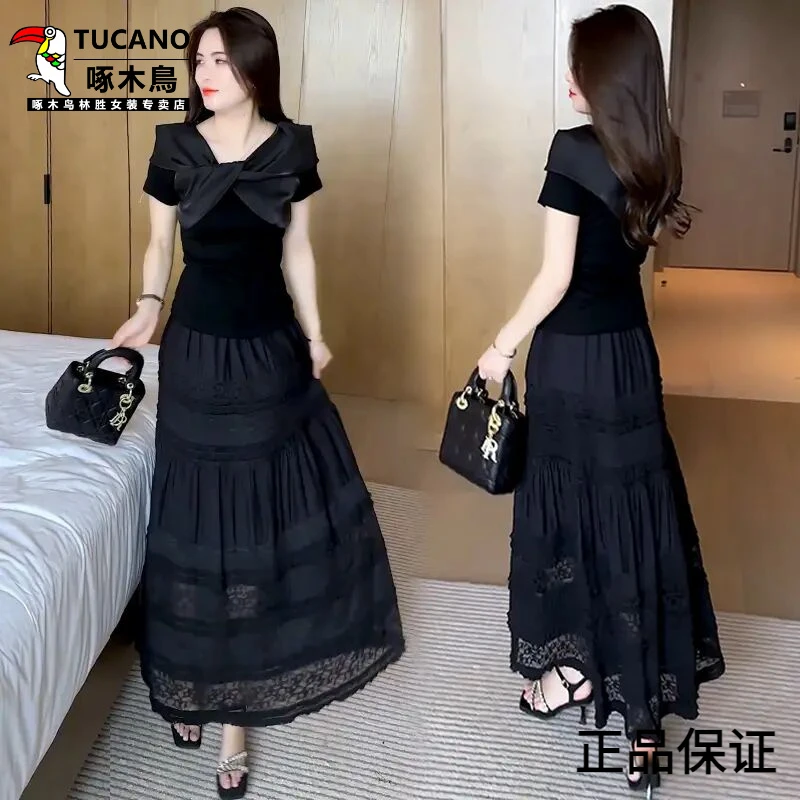 啄木鸟韩系蝴蝶结拼接短袖T恤女2025年夏季新款设计感洋气上衣