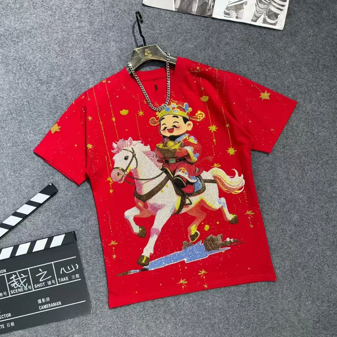 12168潮牌烫钻马上发财短袖T恤时尚休闲百搭轻奢潮流男女同款