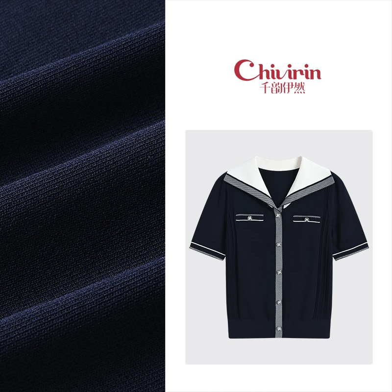 【千韵伊然】气质风显瘦时尚设计感藏青色翻领针织衫上衣0263