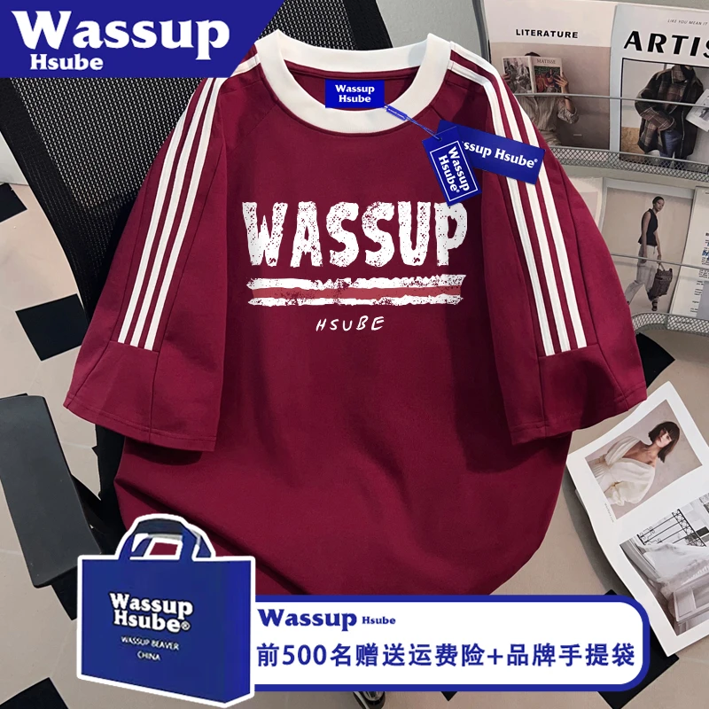 WASSUP HSUBE美式街头潮牌字母印花夏三条杠半袖男女纯棉T恤短袖