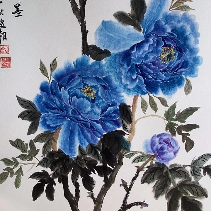 国画四尺三开手绘花鸟