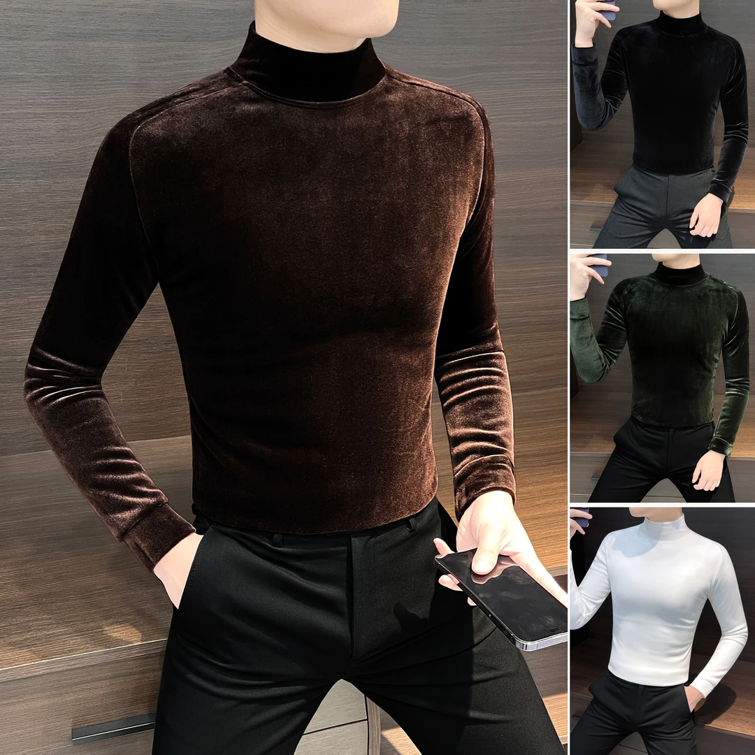 金丝绒男士打底衫爆款2025新款潮流男装秋冬男士中领内搭长袖t恤