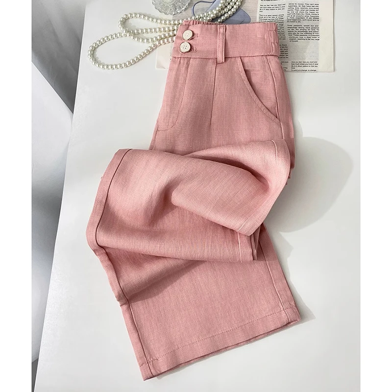 拉夏贝尔百搭窄版阔腿裤女2025年新款小个子后松紧绿色高腰直筒裤