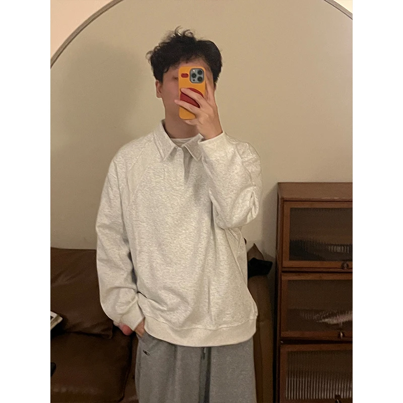 飛魚i日系通勤休闲宽松长袖卫衣男中性风翻领百搭显瘦长袖上衣