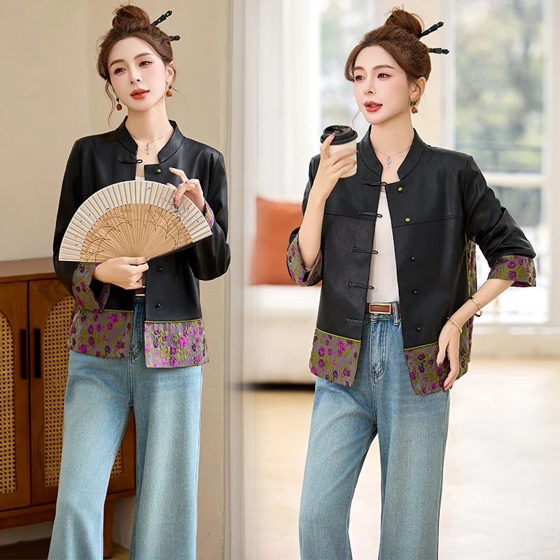 新中式皮衣拼接提花外套女2025春秋新款复古国风盘扣时尚短款上衣