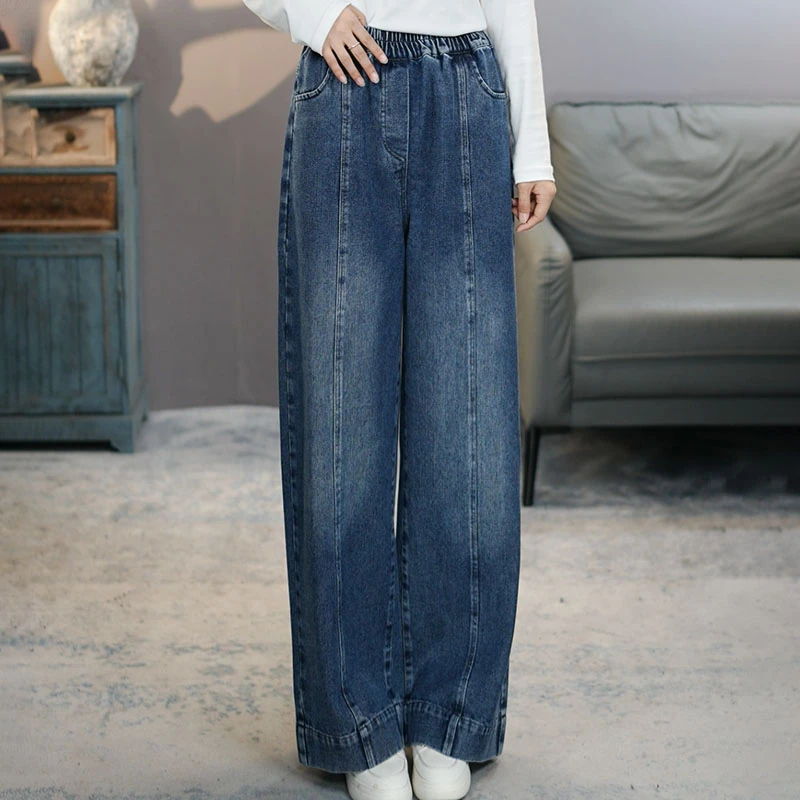 6916蓝牛仔裤女宽松大码2025秋季松紧腰时尚休闲百阔腿裤