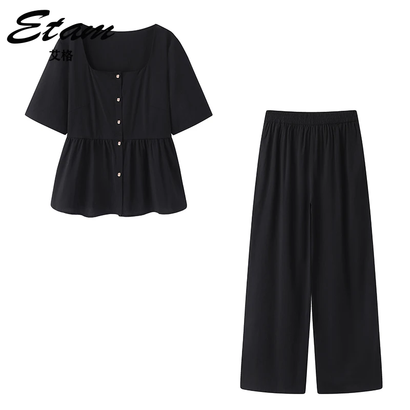 Etam/艾格通勤休闲风仿麻套装方领上衣小衫松紧带长裤夏日两件套
