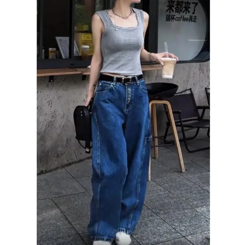 2025早秋韩系复古时尚百搭拖地女牛仔裤时髦高腰显瘦女式长裤
