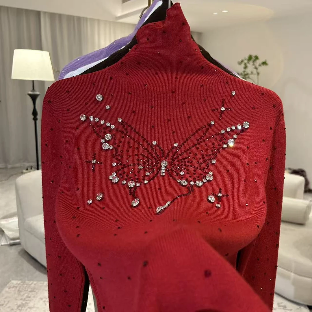 【花蝴蝶】堆堆领气质打底烫钻手工钉珠红色羊毛衫