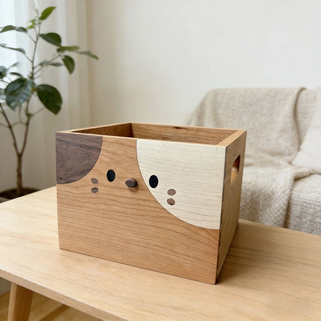 实木三花猫杂物收纳筐化妆品零食桌面整理家用创意储物设计礼物