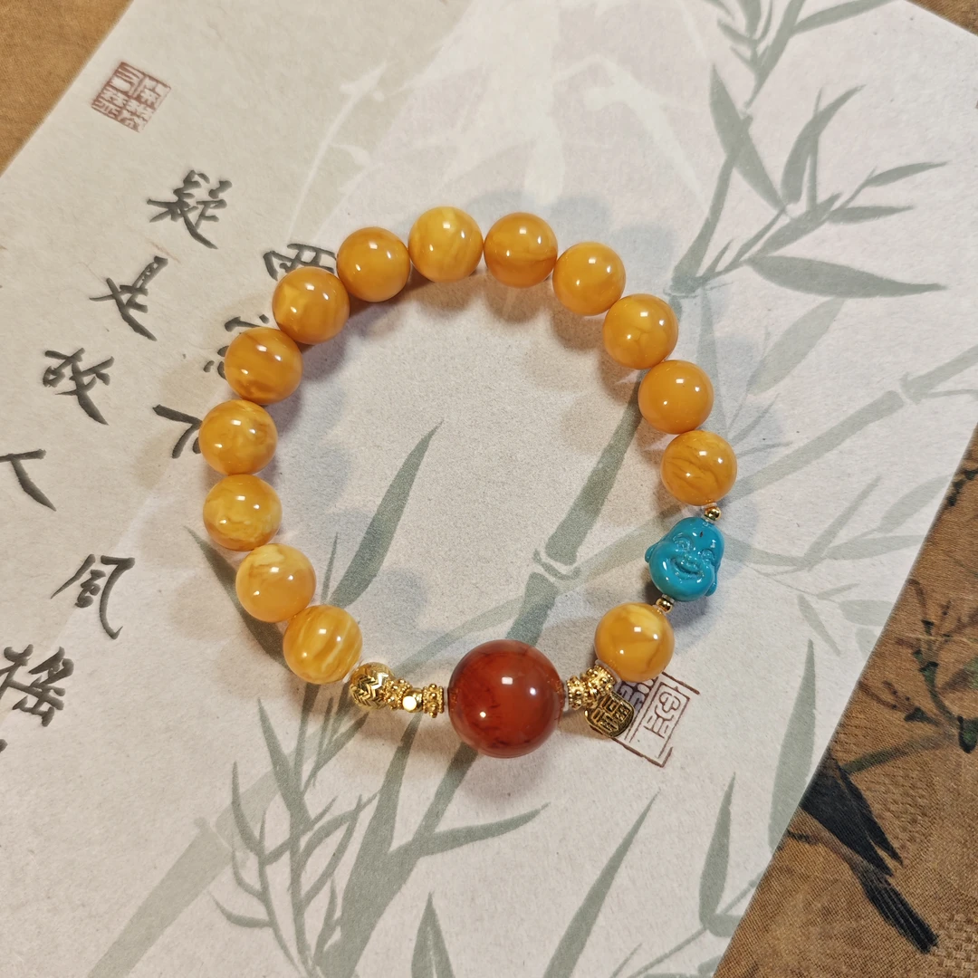 【鸿汐】ZQ255906蜜蜡花蜡圆珠单圈手串diy绿松石佛头&南红10-14+