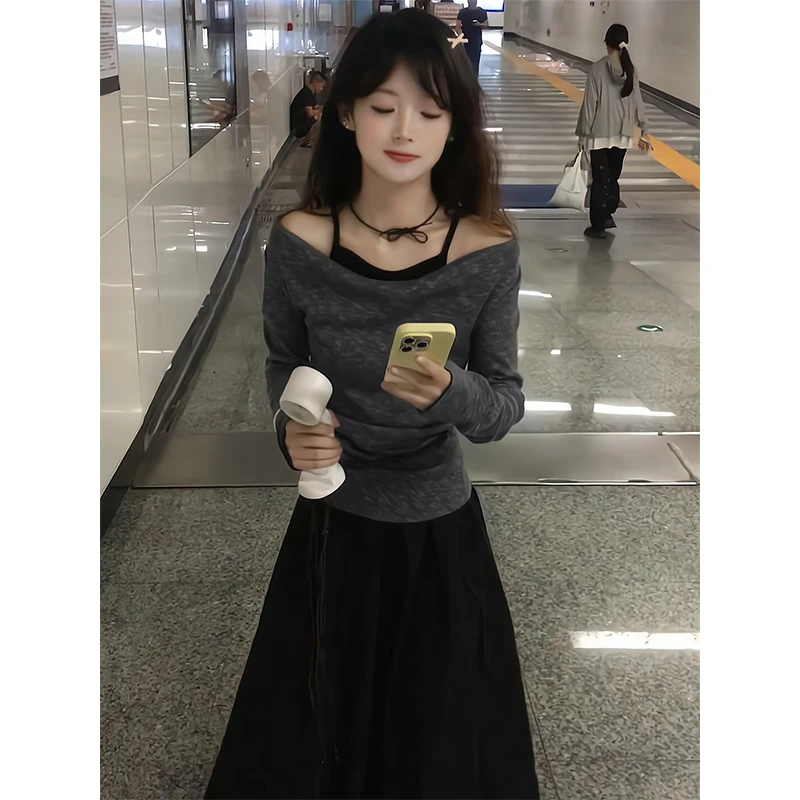 2025新款女士秋季灰色一字肩长袖T恤针织衫上衣高腰宽松半身长裙