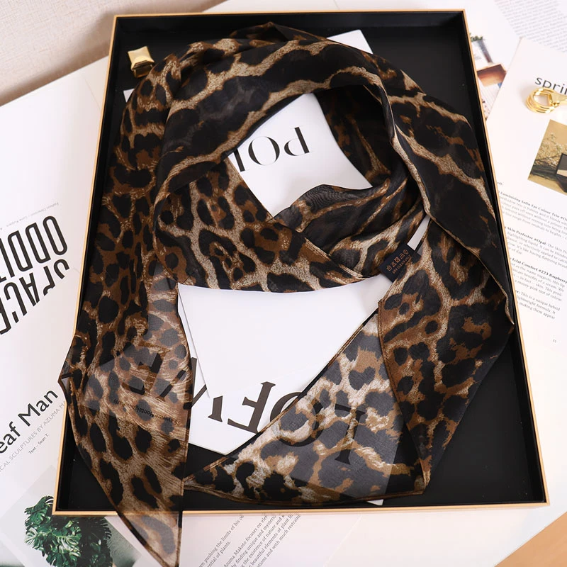 新品实拍100%桑蚕丝长条豹纹印花领巾丝巾真丝雪纺长条双层飘带